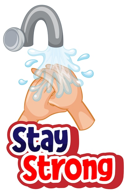 Diseño de fuente stay strong con virus que se propaga a partir de un apretón de manos sobre fondo blanco.