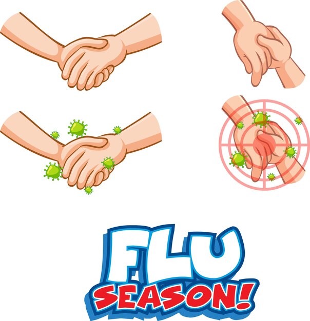 El diseño de la fuente de la temporada de gripe con virus se propaga a partir de un apretón de manos sobre fondo blanco.