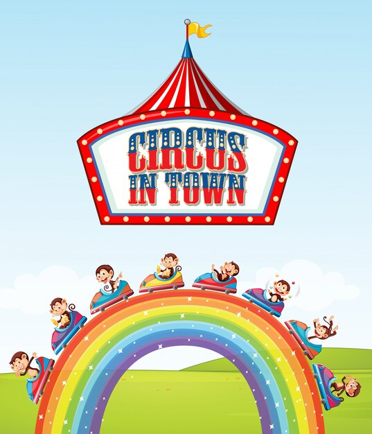 Diseño de fuente para word circus en la ciudad con monos en el paseo sobre el arcoiris