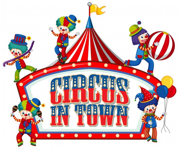 Diseño de fuente para word circus en la ciudad con muchos payasos en circus