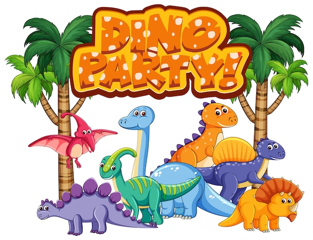 Diseño de fuente para word dino party con muchos dinosaurios