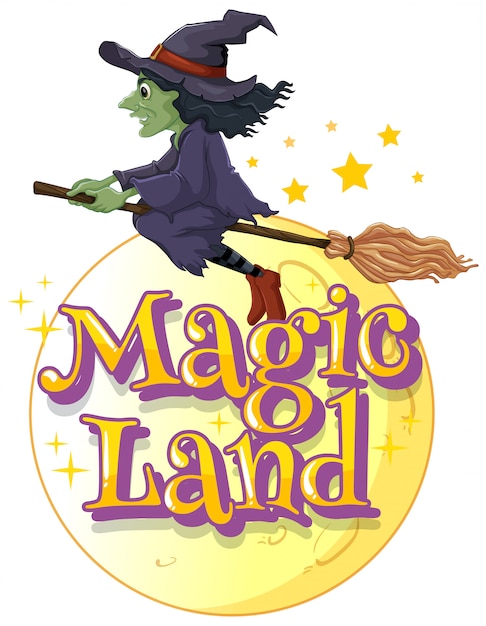 Vector gratuito diseño de fuente para word magic land con bruja volando