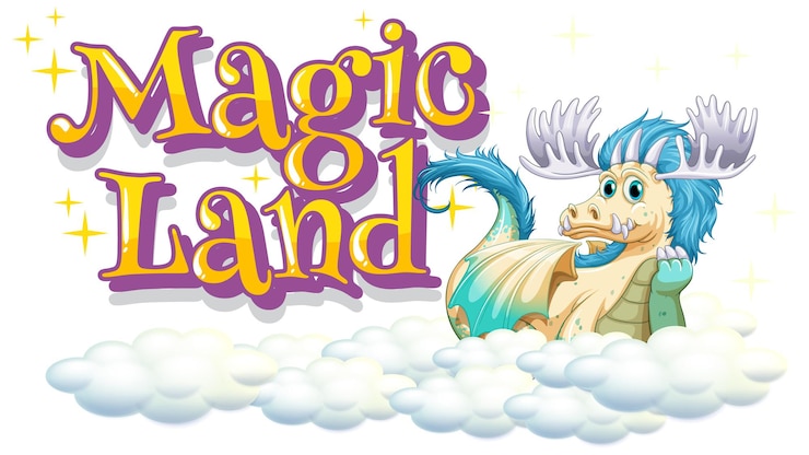 Vector gratuito diseño de fuente para word magic land con dragón feliz en las nubes