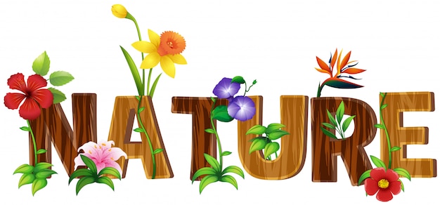 Vector gratuito diseño de fuente para word nature con diferentes tipos de flores.