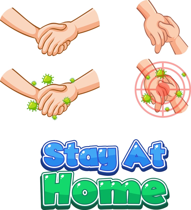 Vector gratuito diseño de fuentes stay at home con virus que se propagan a partir de un apretón de manos sobre fondo blanco.
