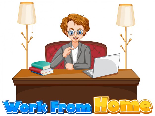 Diseño de fuentes para trabajar desde casa con hombre trabajando en computadora.