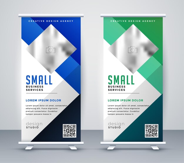 Diseño geométrico de banner de stand enrollable azul y verde