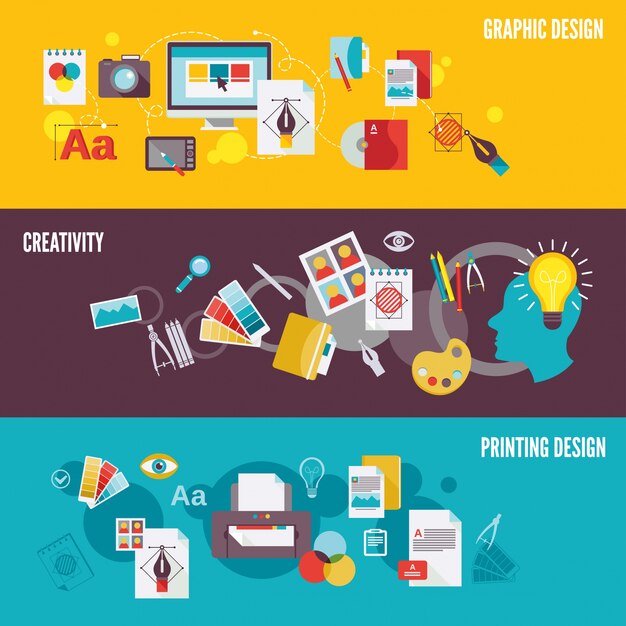 Diseño gráfico bandera de la fotografía digital conjunto con la impresión de la creatividad ilustración vectorial aislado