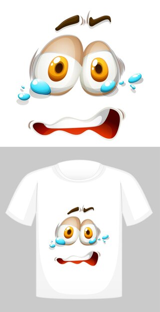 Diseño gráfico en camiseta blanca con cara llorando.