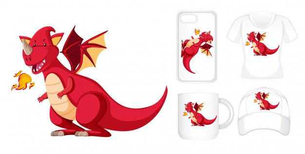 Diseño gráfico en diferentes productos con dragón rojo.