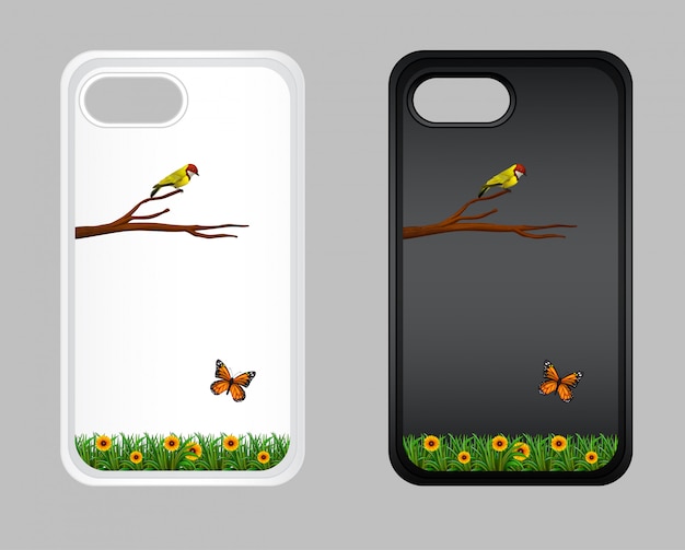 Vector gratuito diseño gráfico en la funda del teléfono móvil con pájaro y mariposa