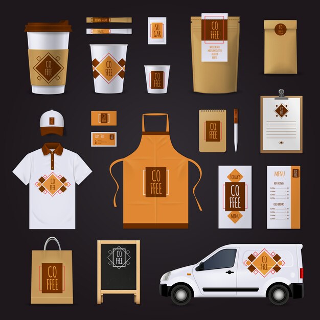 El diseño de la identidad corporativa del café fijó para el café con el ejemplo aislado plano del vector del ornamento