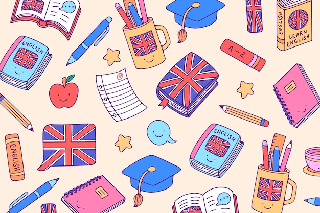 Vector gratuito diseño de ilustración de escuela de inglés dibujado a mano