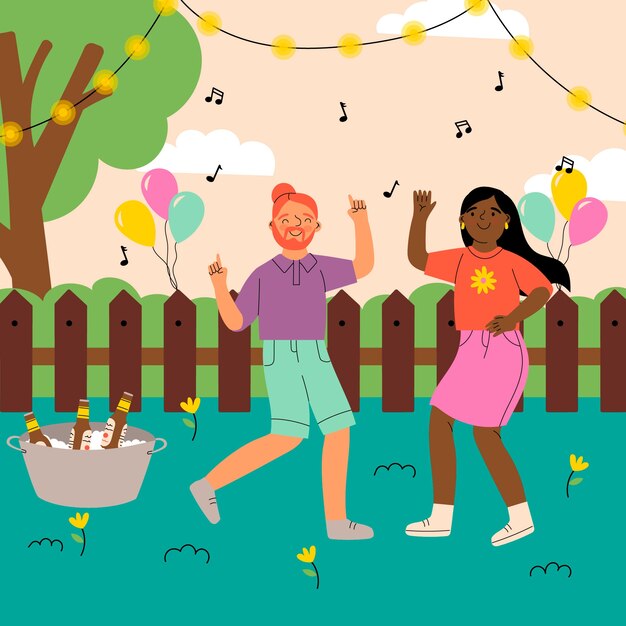 Diseño de ilustración de fiesta en el jardín dibujado a mano
