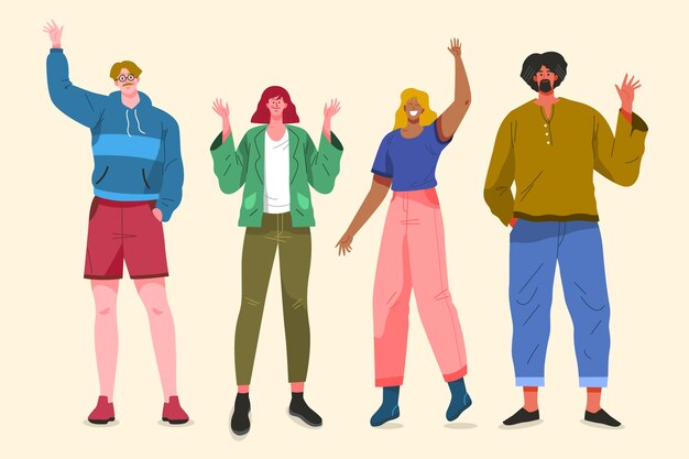 Diseño de ilustración con gente agitando la mano