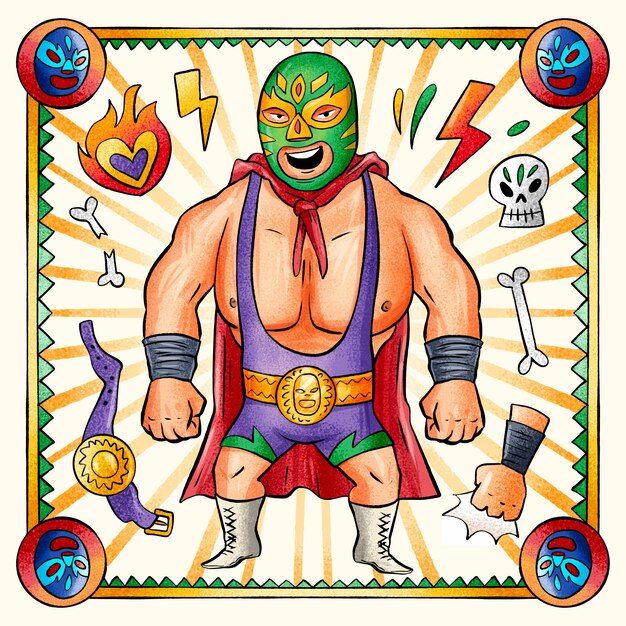Diseño de ilustración de luchador mexicano dibujado a mano