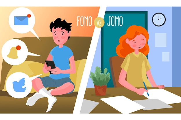 Diseño ilustrado de fomo vs jomo