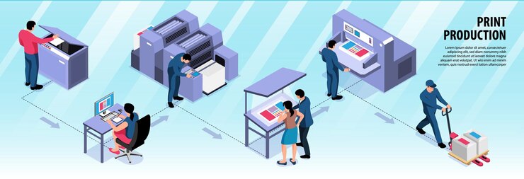 Vector gratuito diseño de infografía horizontal de producción de impresión con impresora digital plotter de impresión rotary editor de fotos