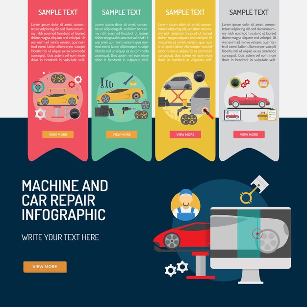 Diseño de infografía de maquinaria y reparación de coches