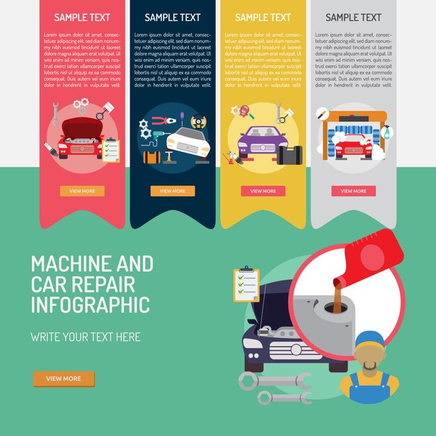 Diseño de infografía de maquinaria y reparación de coches