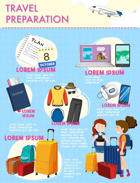 Diseño infográfico de preparación de viajes.
