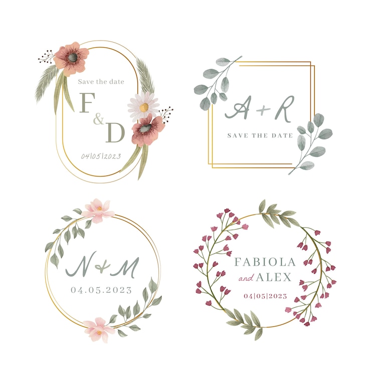 Vector gratuito diseño de insignias de boda floral acuarela