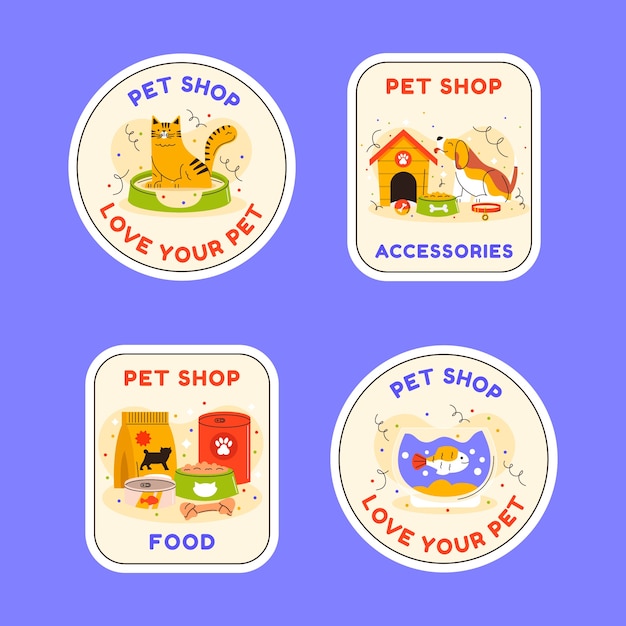 Diseño de insignias de tienda de mascotas dibujadas a mano