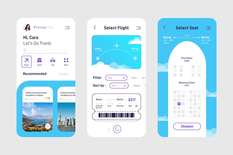 Vector gratuito diseño de interfaz de aplicación de viaje