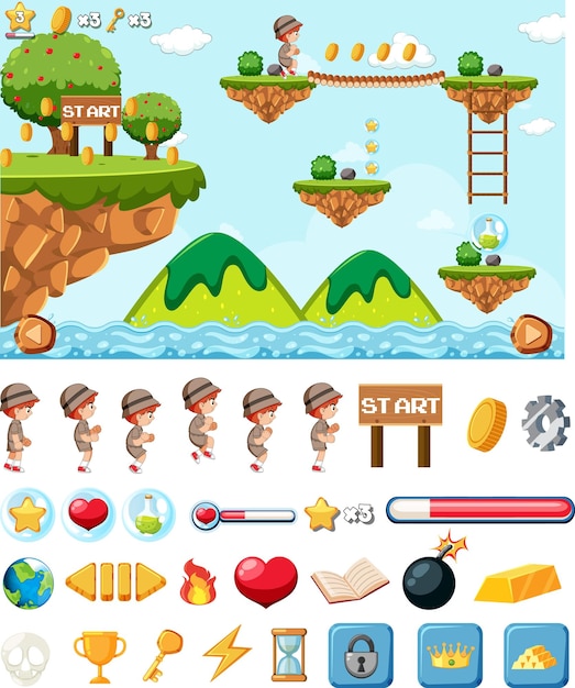 Diseño de interfaz de juego de plataforma con iconos aislados