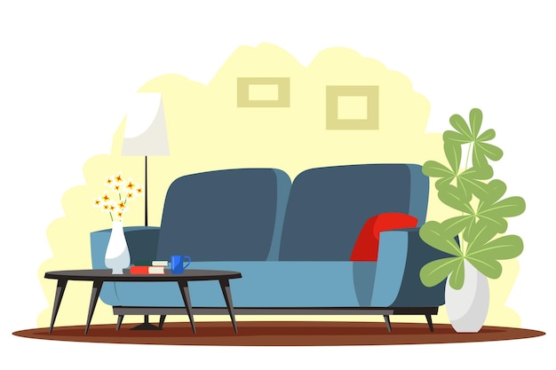 Vector gratuito diseño interior de la casa de la sala de estar dentro de la decoración retro plana moderna y acogedora apartamento con plantas de lámpara de sofá fondo de muebles de casa