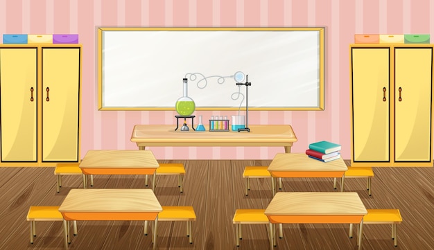 Vector gratuito diseño de interiores de aulas con mobiliario y decoración.