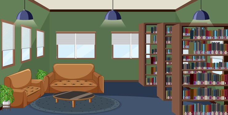 Vector gratuito diseño de interiores de biblioteca vacía con estanterías