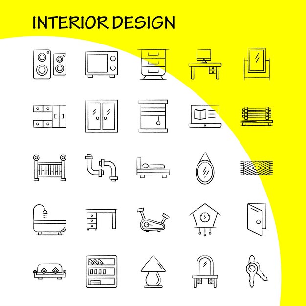 Diseño de interiores Conjunto de iconos dibujados a mano para infografías Kit UXUI móvil y diseño de impresión Incluye alfombra Muebles Hogar Ventana Hogar Casa Puerta Entrada Eps 10 Vector