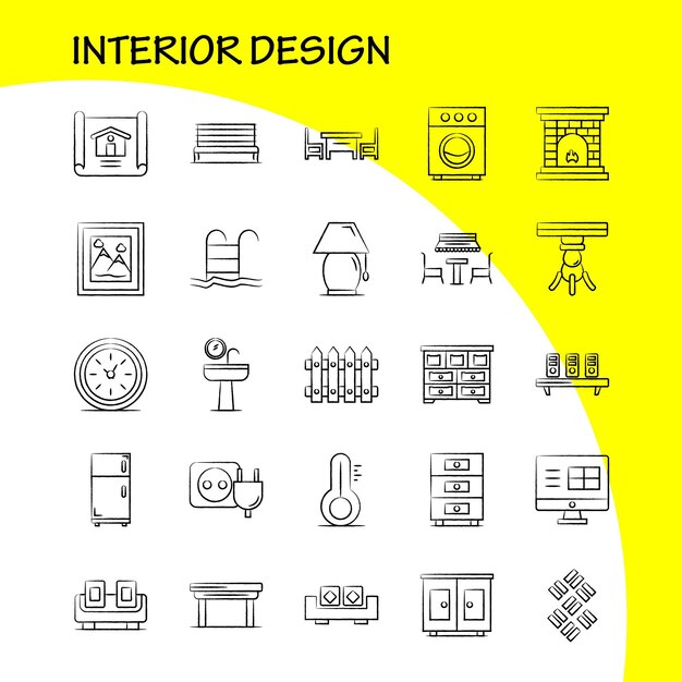 Diseño de interiores Conjunto de iconos dibujados a mano para infografías Kit UXUI móvil y diseño de impresión Incluye archivo médico Mesa de documentos Bidé Muebles Espejo de agua Eps 10 Vector