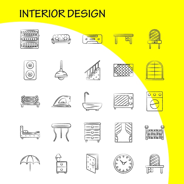 Vector gratuito diseño de interiores conjunto de iconos dibujados a mano para infografías kit uxui móvil y diseño de impresión incluye interruptor enchufe electrónica mesa eléctrica muebles mesas para el hogar eps 10 vector