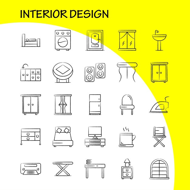 Diseño de interiores Conjunto de iconos dibujados a mano para infografías Kit de UXUI móvil y diseño de impresión Incluye muebles Hogar Lavabo Puerta Cerradura Habitación Muebles Cocina Conjunto de iconos Vector