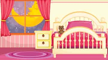 Vector gratuito diseño de interiores de dormitorio para niños con muebles en tema rosa