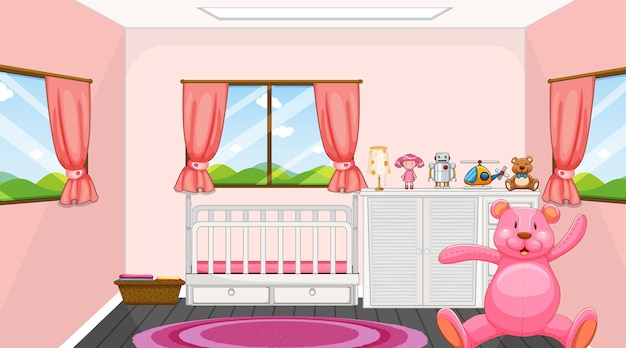 Vector gratuito diseño de interiores de dormitorio rosa con muebles para niños.