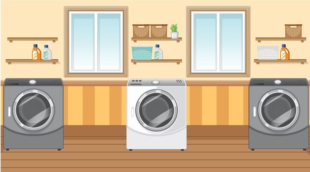 Diseño de interiores de lavandería con muebles y decoraciones.
