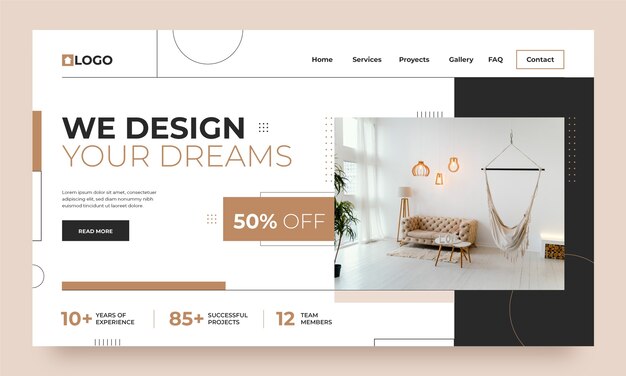 Diseño de interiores planos y plantilla de página de destino de decoración del hogar