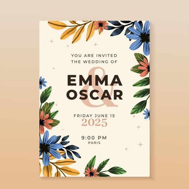 Diseño de invitación de boda floral en acuarela