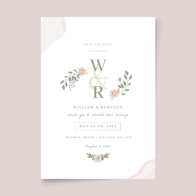 Diseño de invitación de boda floral en acuarela