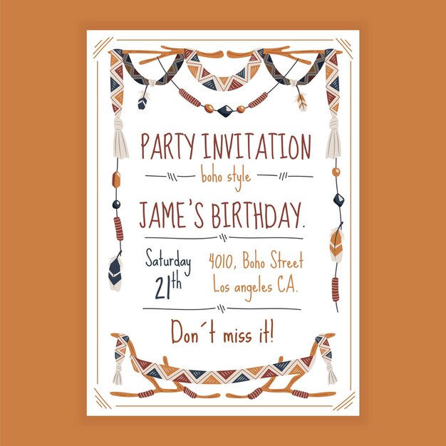 Diseño de invitación de cumpleaños boho plano