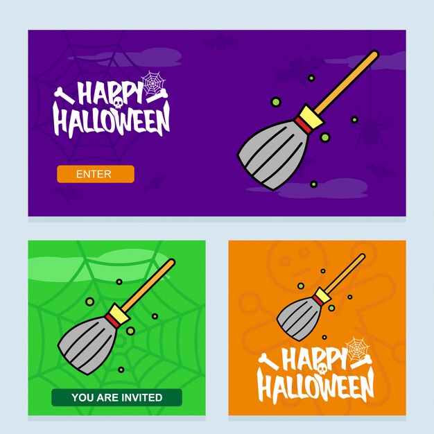 Diseño de invitación de Feliz Halloween con vector de escoba