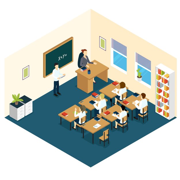 Diseño isométrico del aula de la escuela