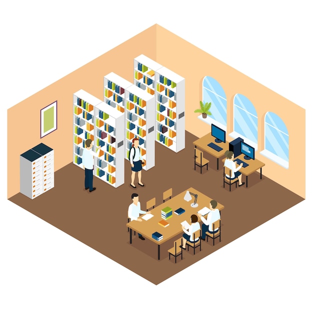 Diseño isométrico de la biblioteca de estudiantes