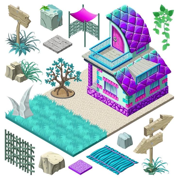 Vector gratuito diseño isométrico de cabaña y elementos.