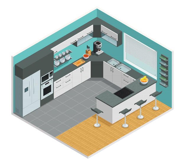 Diseño isométrico en color del interior de la cocina con mesa y silla.