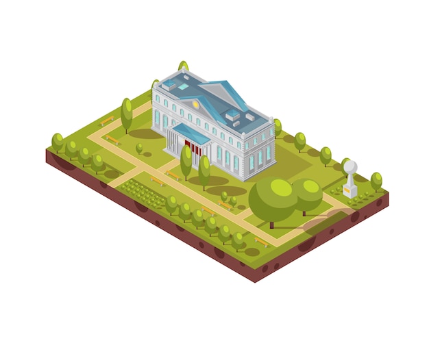 Diseño isométrico del edificio histórico de la universidad con pasillos y bancos de monumentos en el parque que rodea la ilustración vectorial 3d