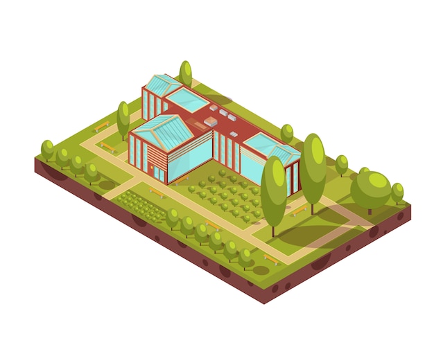 Vector gratuito diseño isométrico del edificio de la universidad roja con bancos de árboles de techo de vidrio verde y pasillos ilustración vectorial 3d